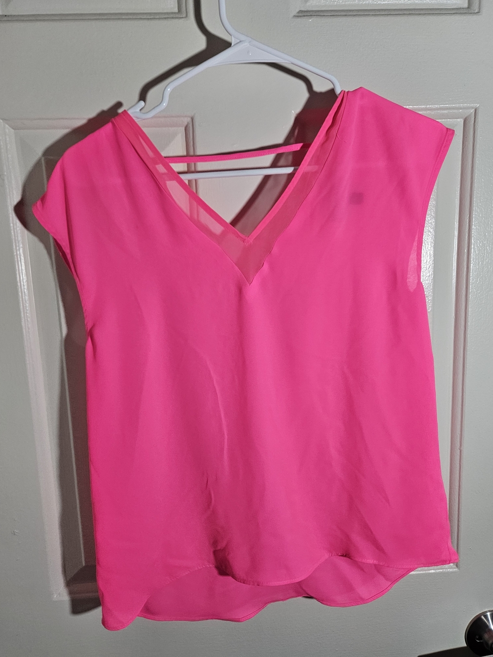 Express Bright Pink V-Neck Sheer Overlay Blouse